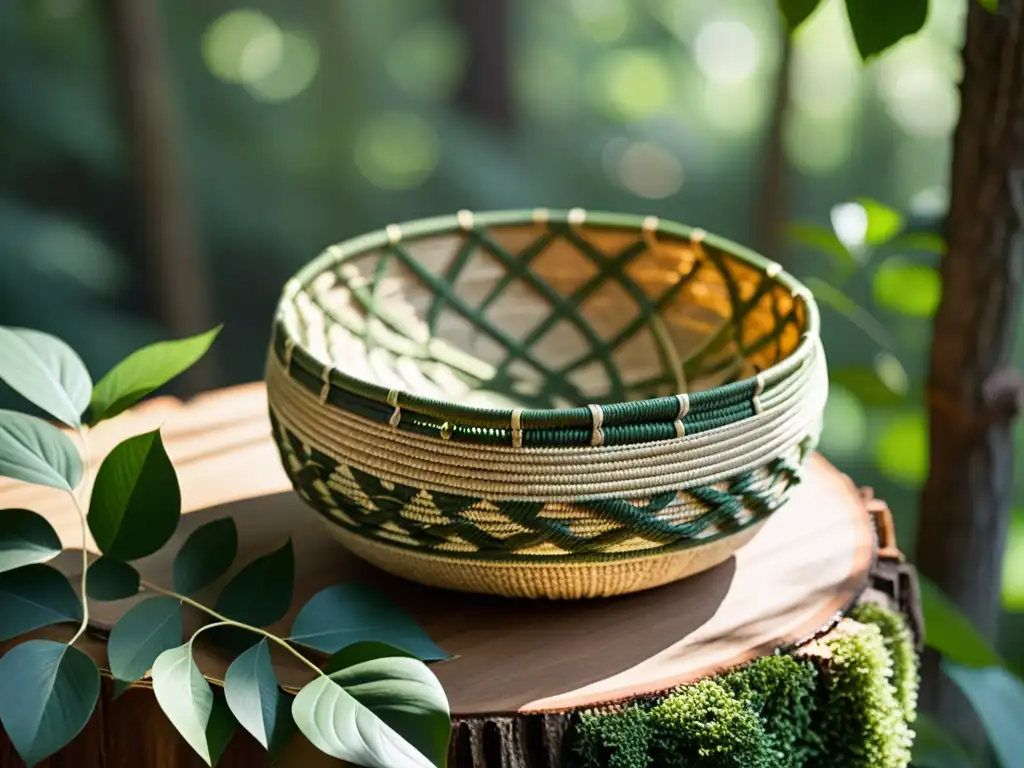 Cesta tejida a mano con patrón complejo en tonos terrosos Una cesta de papel cestería moda primitiva, tejida con destreza en tonos terrosos, enmarcada por un exuberante bosque iluminado por el sol filtrado