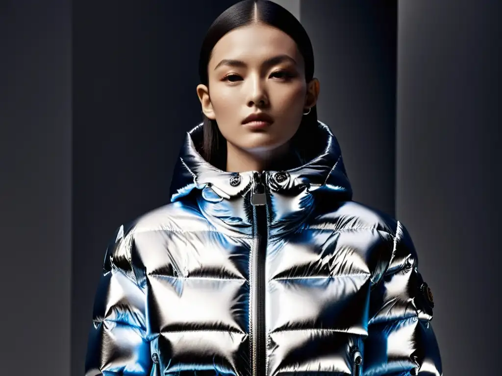 Chaqueta Moncler alta moda tecnología: Modelo lleva chaqueta metálica con detalles futuristas, reflejando innovación en ambiente urbano sofisticado