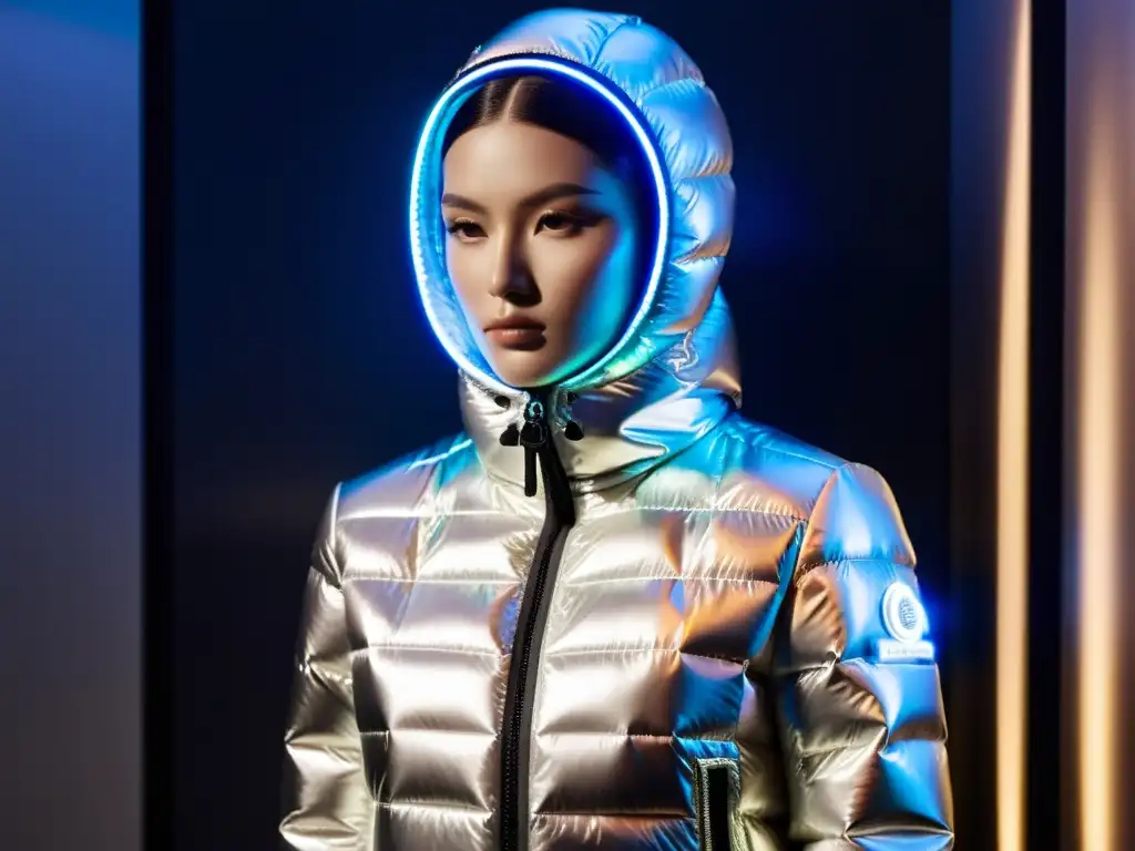 Una chaqueta Moncler de alta moda y tecnología futurista con diseño de circuitos y luces LED, destacada en ambiente de innovación y precisión