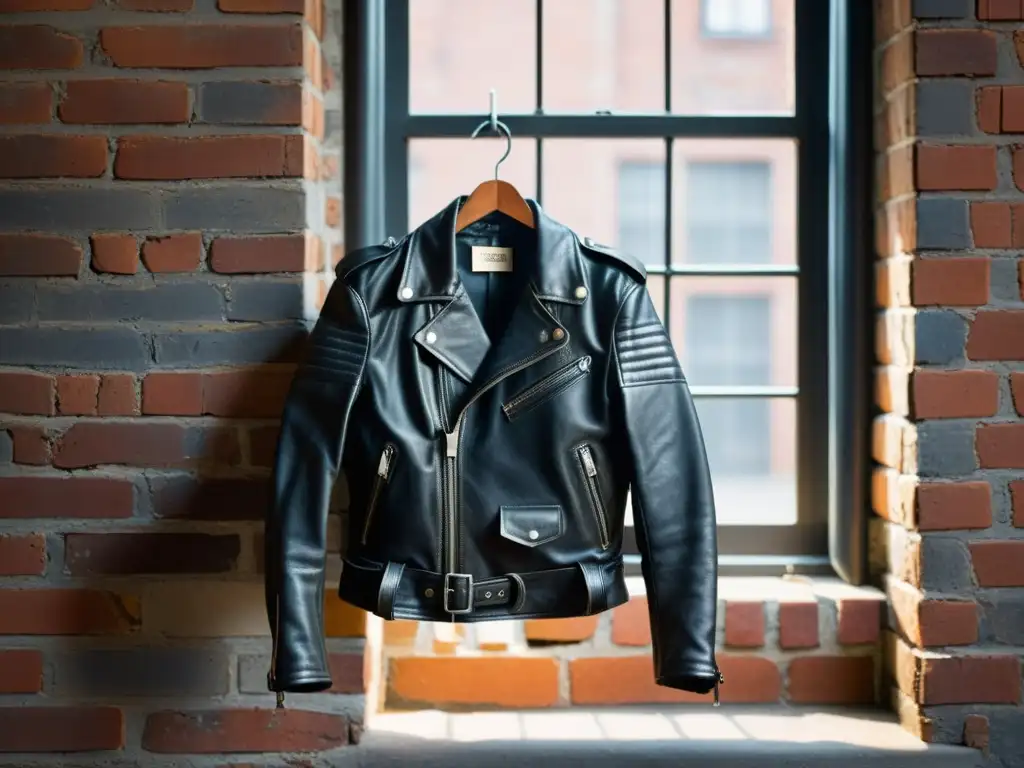 Una chaqueta de cuero negra vintage de alta resolución de Saint Laurent, con intrincados detalles y un ambiente rebelde y cool