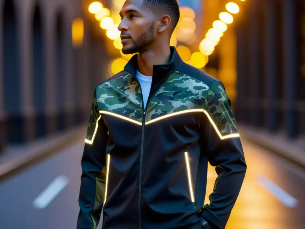 Una chaqueta deportiva de alta tecnología con camuflaje adaptativo en un entorno urbano