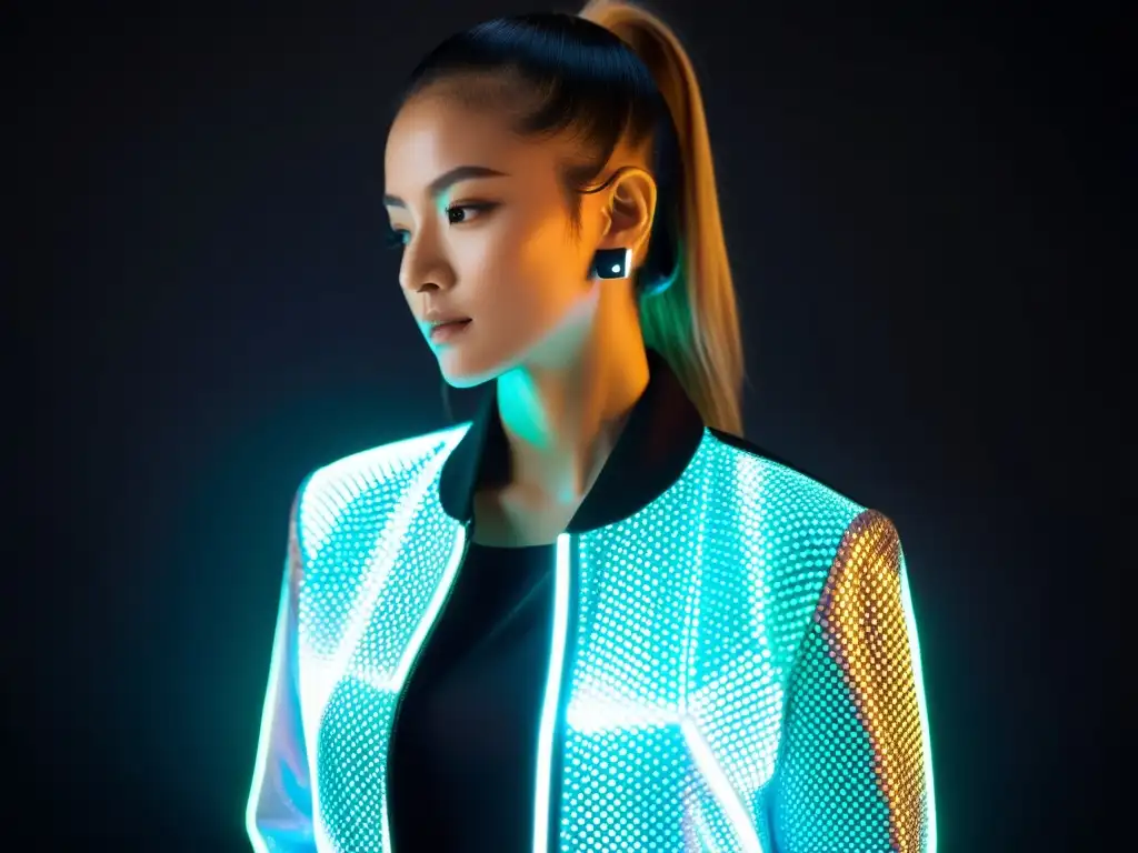 Una chaqueta inteligente futurista con luces LED integradas, creando un asombroso espectáculo visual