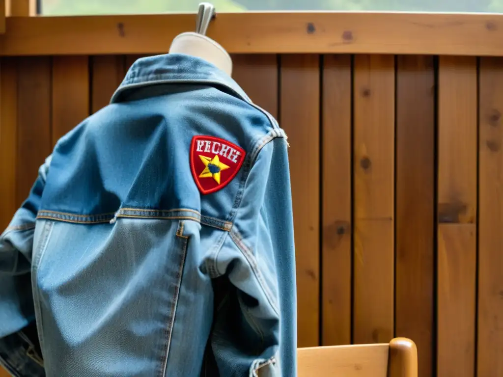 Una chaqueta de mezclilla unisex descansa sobre una silla de madera, bañada por la luz natural