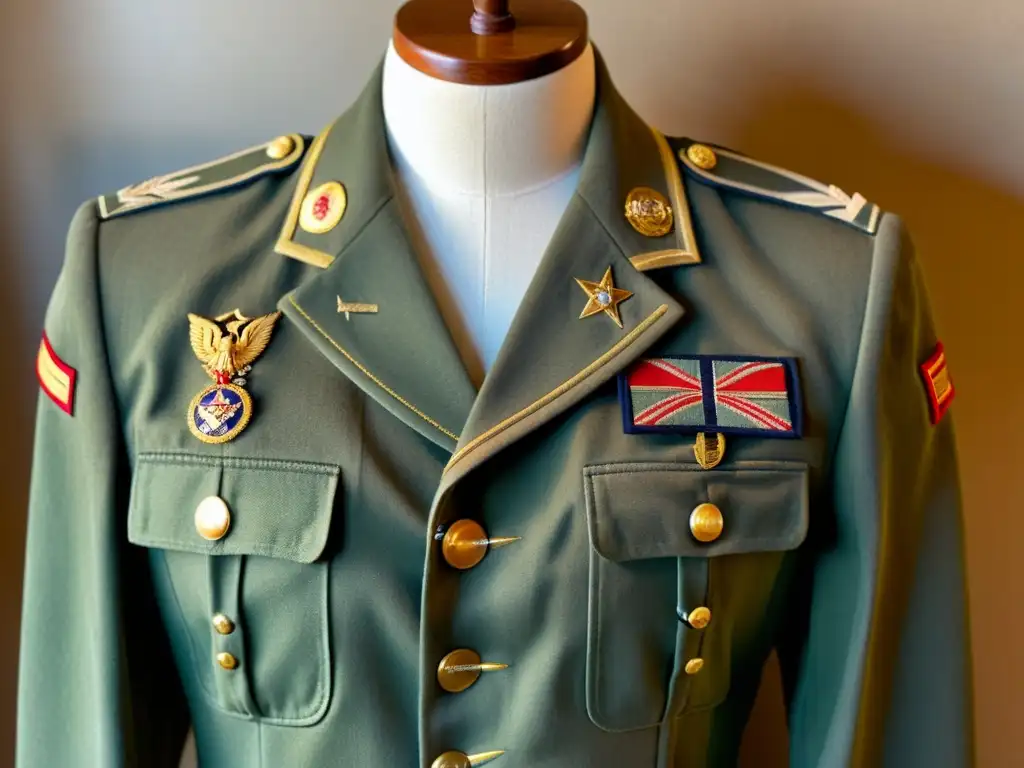 Una chaqueta militar vintage en un maniquí, con detalles de botones y parches, iluminada suavemente