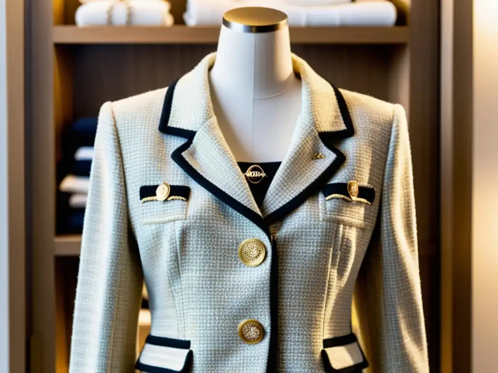 Una chaqueta de tweed Chanel, pieza de diseñador atemporal, exhibida en un elegante atelier