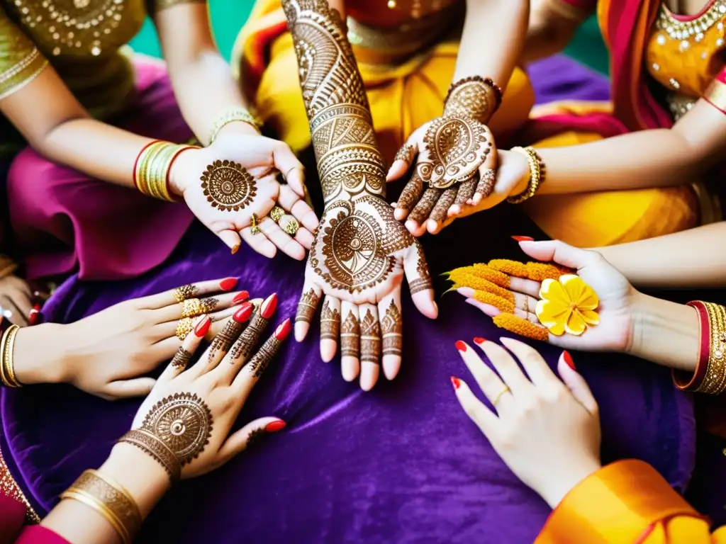 Un círculo de mujeres en atuendos tradicionales indios se reúnen para aplicar diseños de mehndi