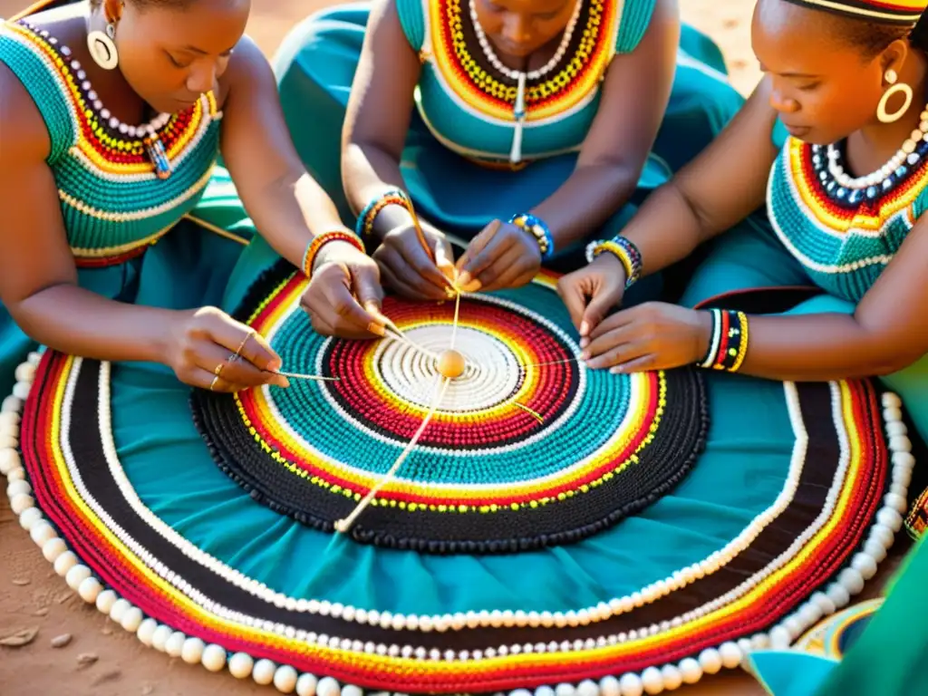 Un círculo de mujeres Zulúes cosiendo con habilidad sus patrones de moda tradicionales, rodeadas de colores y luz cálida