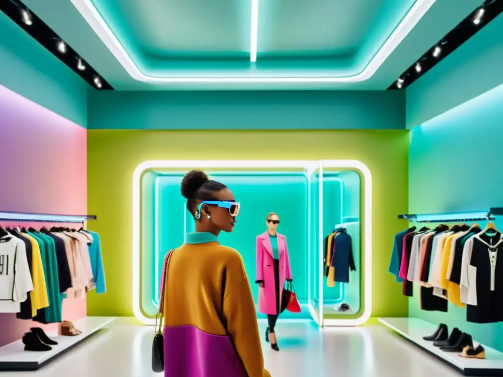 Cliente probándose ropa futurista con AR en tienda de moda, fusionando lo físico y digital