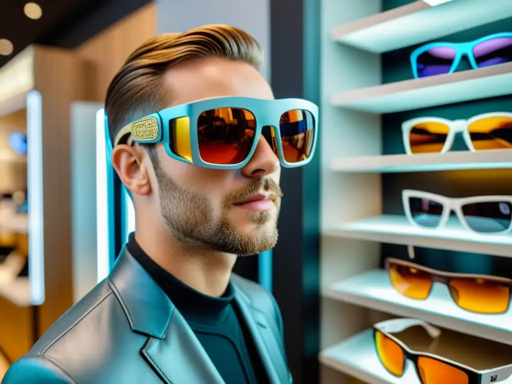 Cliente sorprendido probándose gafas de sol virtuales con tecnología de realidad aumentada en una tienda de moda de lujo