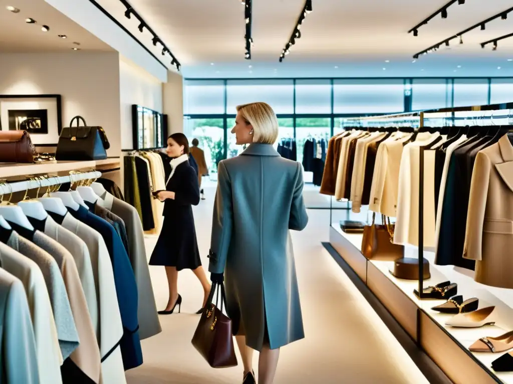 Clientes elegantes exploran ropa de diseñador en una lujosa tienda de consignación