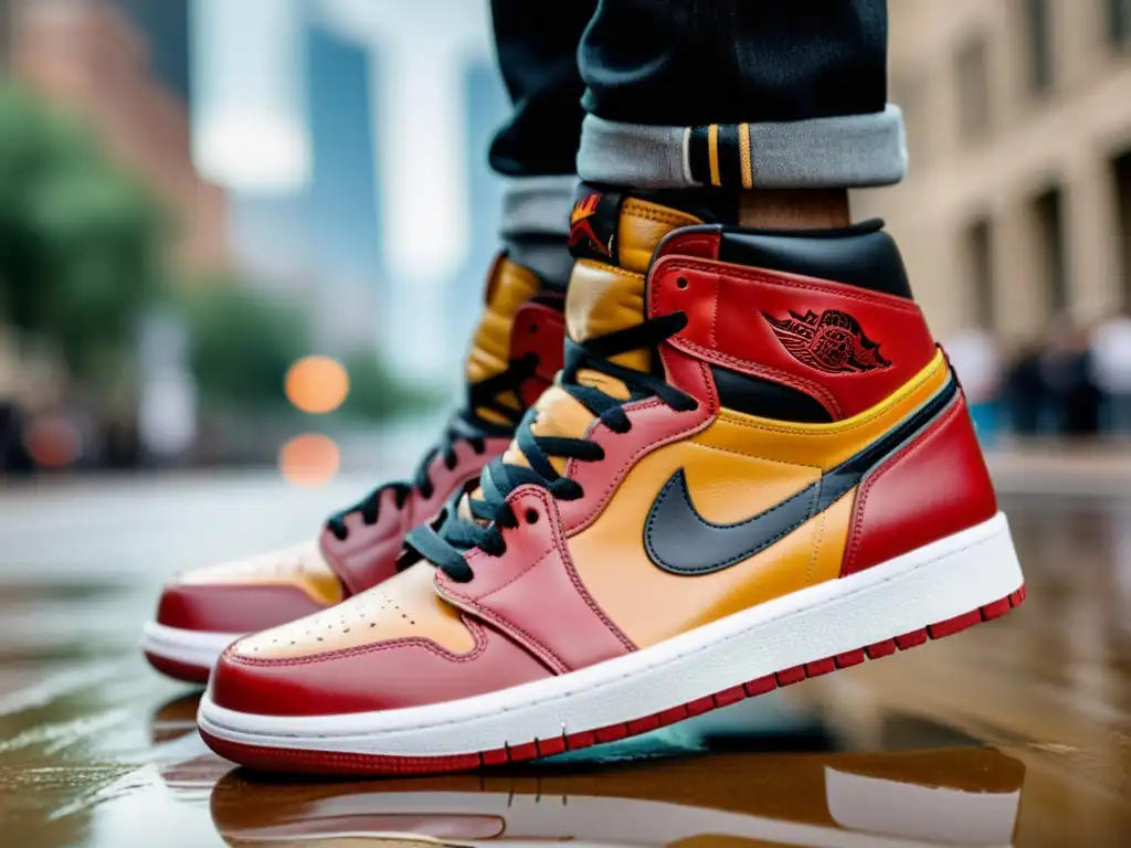 Closeup de las icónicas zapatillas Jordan 1 Retro High en edición limitada, resaltando su artesanía