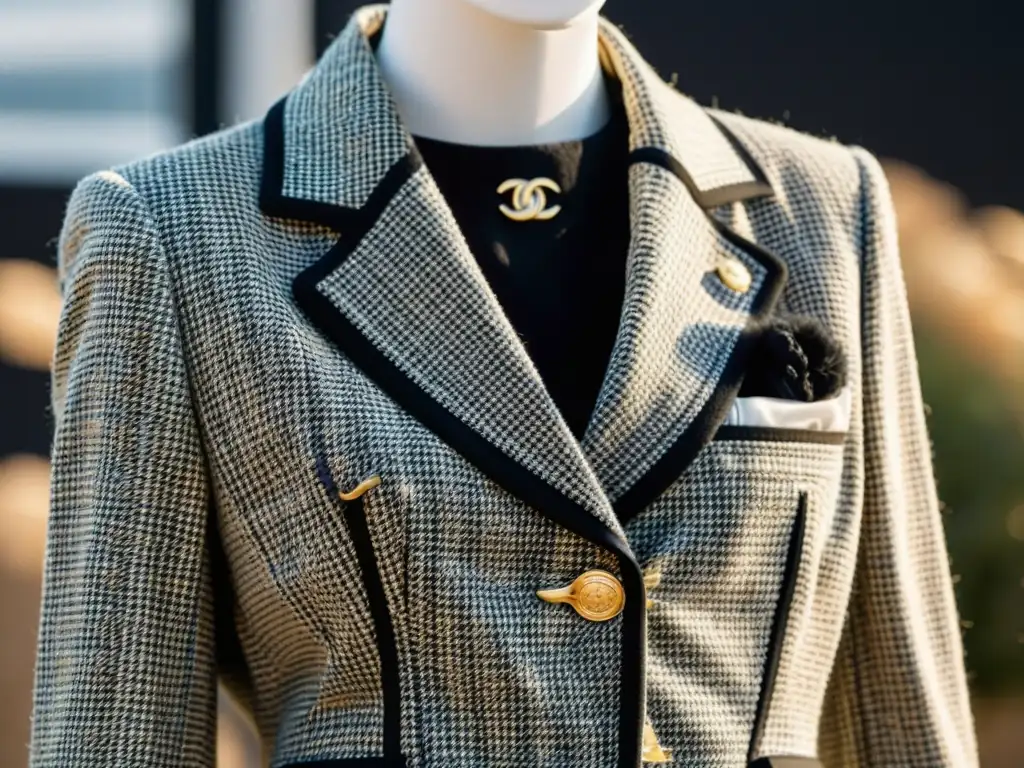 Closeup de un traje de tweed de Chanel, destacando la artesanía y la elegancia atemporal