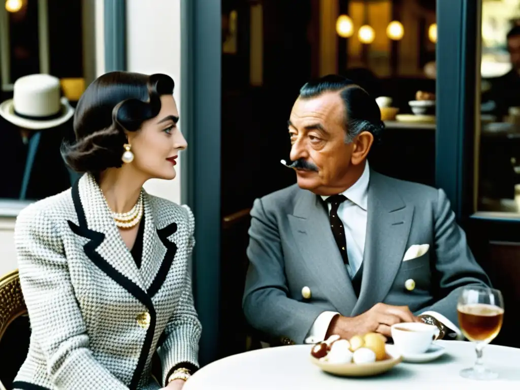 Conversación icónica: Coco Chanel y Salvador Dalí en París Coco Chanel y Salvador Dalí en un animado diálogo en un café parisino, capturando una colaboración icónica en la historia de la moda