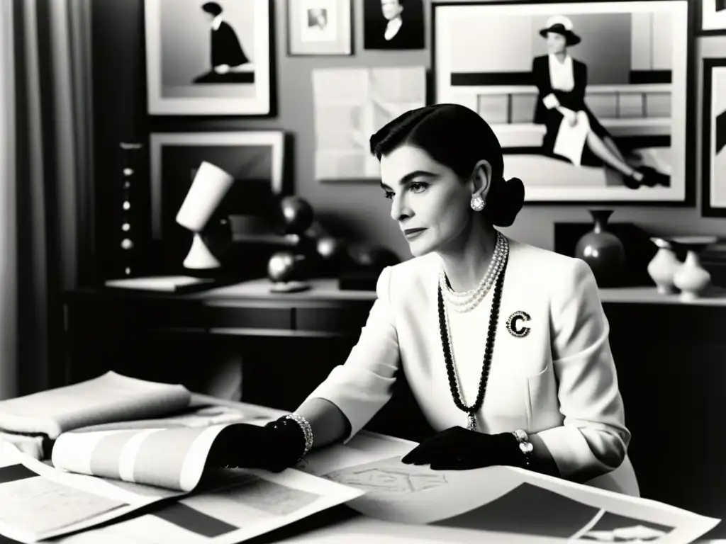 Coco Chanel en su atelier, inmersa en su revolución de la moda femenina, rodeada de bocetos y telas en blanco y negro