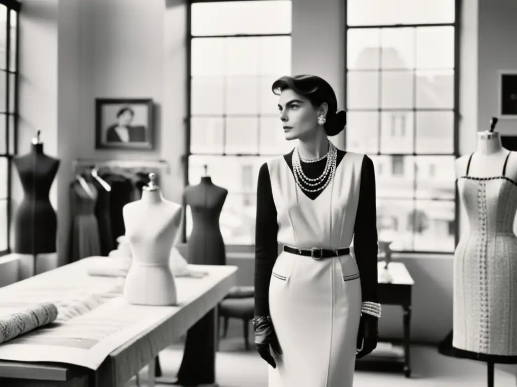 Coco Chanel en su atelier, rodeada de telas y bocetos, con luz natural