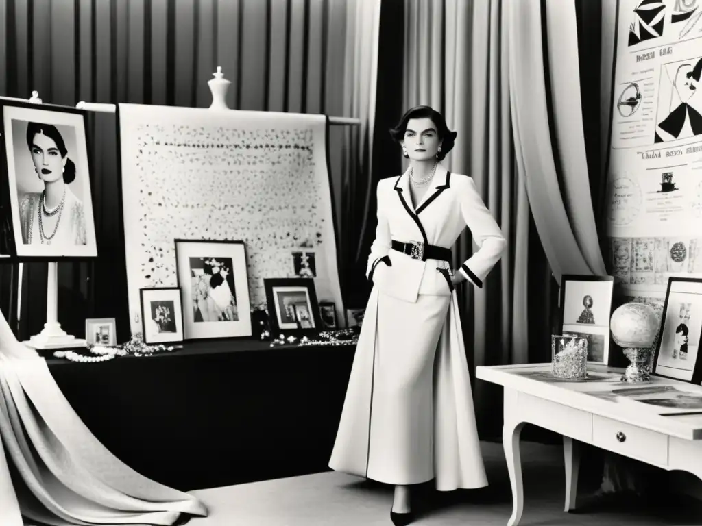 Coco Chanel: Legado de Alta Costura Coco Chanel en su atelier rodeada de telas lujosas y bocetos, reflejando su impacto cultural en la alta costura