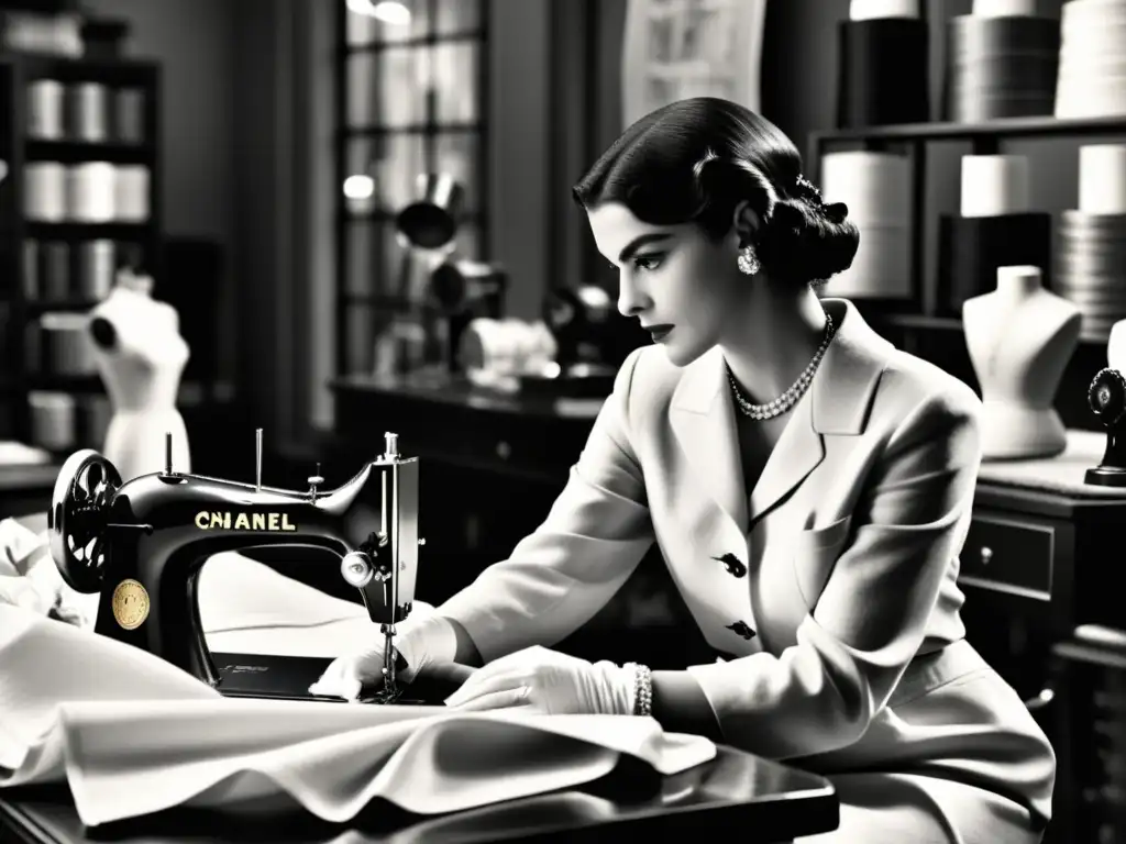 Coco Chanel, en blanco y negro, trabaja en su atelier rodeada de telas y bocetos