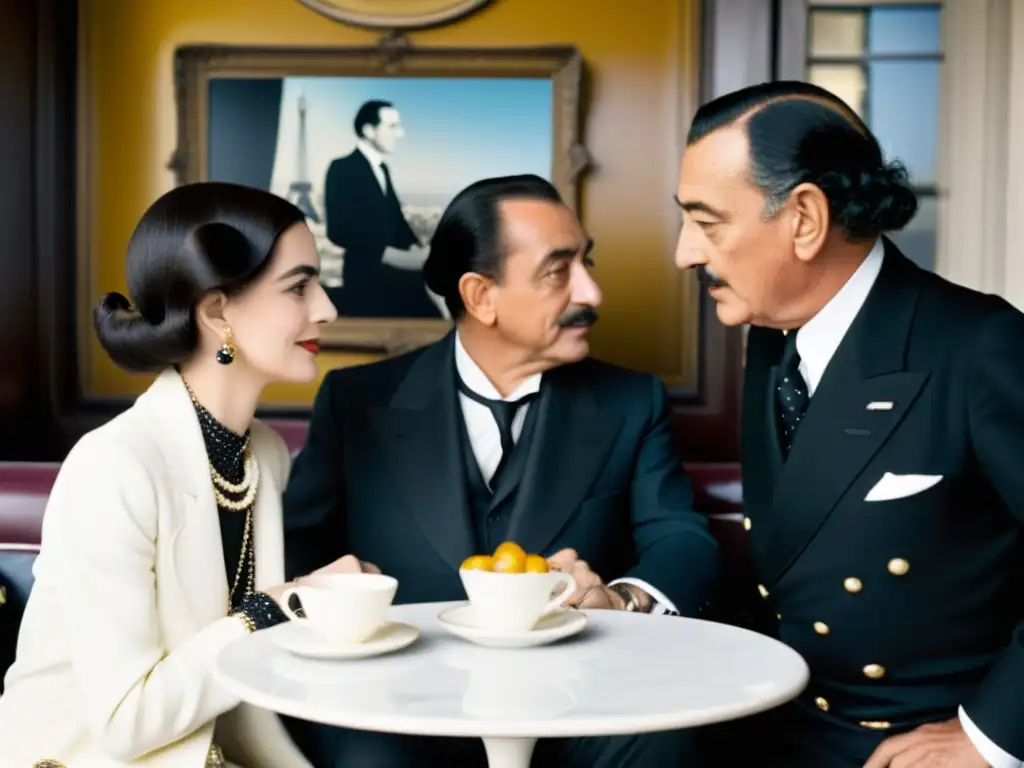 Coco Chanel y Salvador Dalí charlan en un café parisino de los años 20, rodeados de artistas y con la Torre Eiffel de fondo