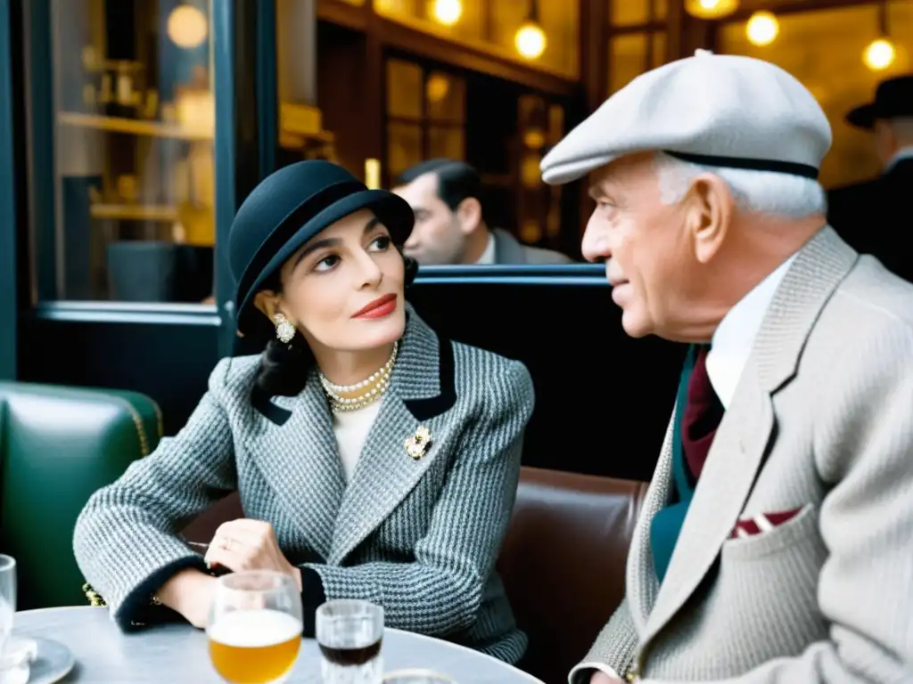 Conversación inspiradora: Chanel y Picasso en el París de los años 20 Coco Chanel y Pablo Picasso conversan animadamente en un café parisino de los años 20, rodeados de artistas e intelectuales