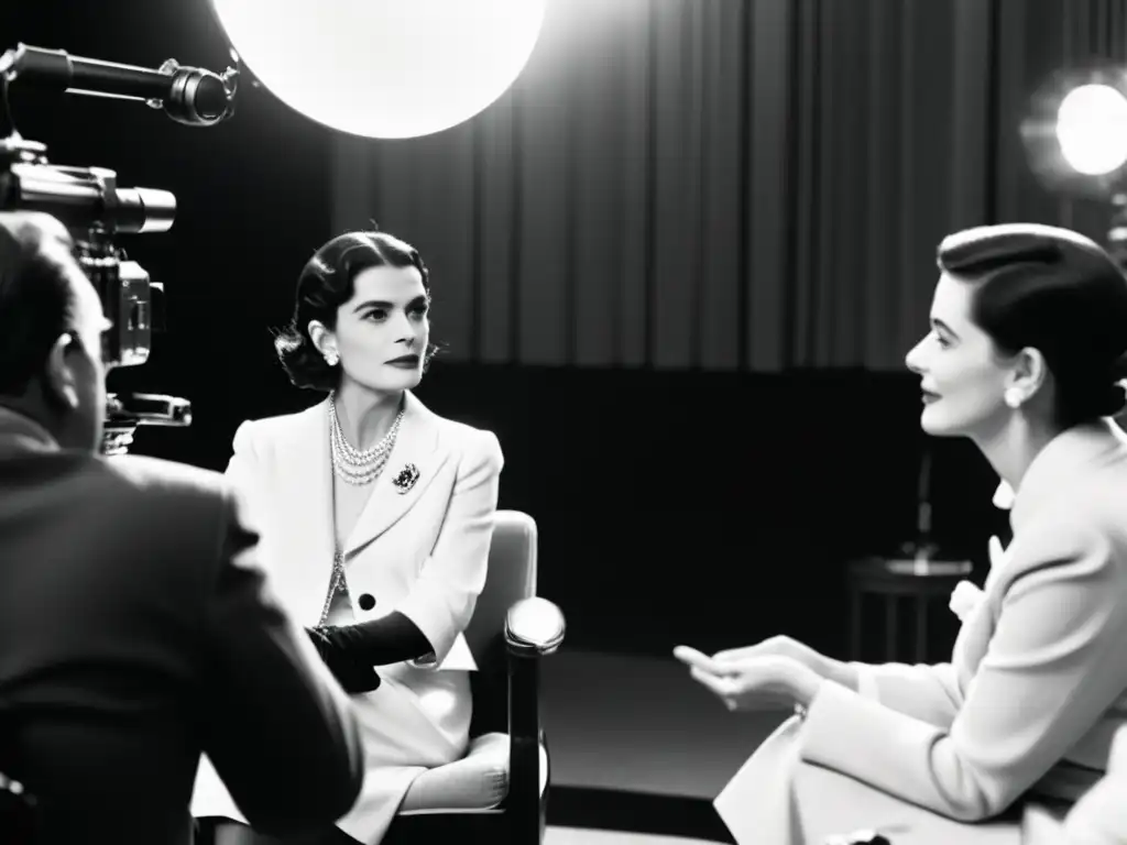 Coco Chanel y cineastas inmersos en una conversación apasionada, rodeados de equipo de filmación vintage