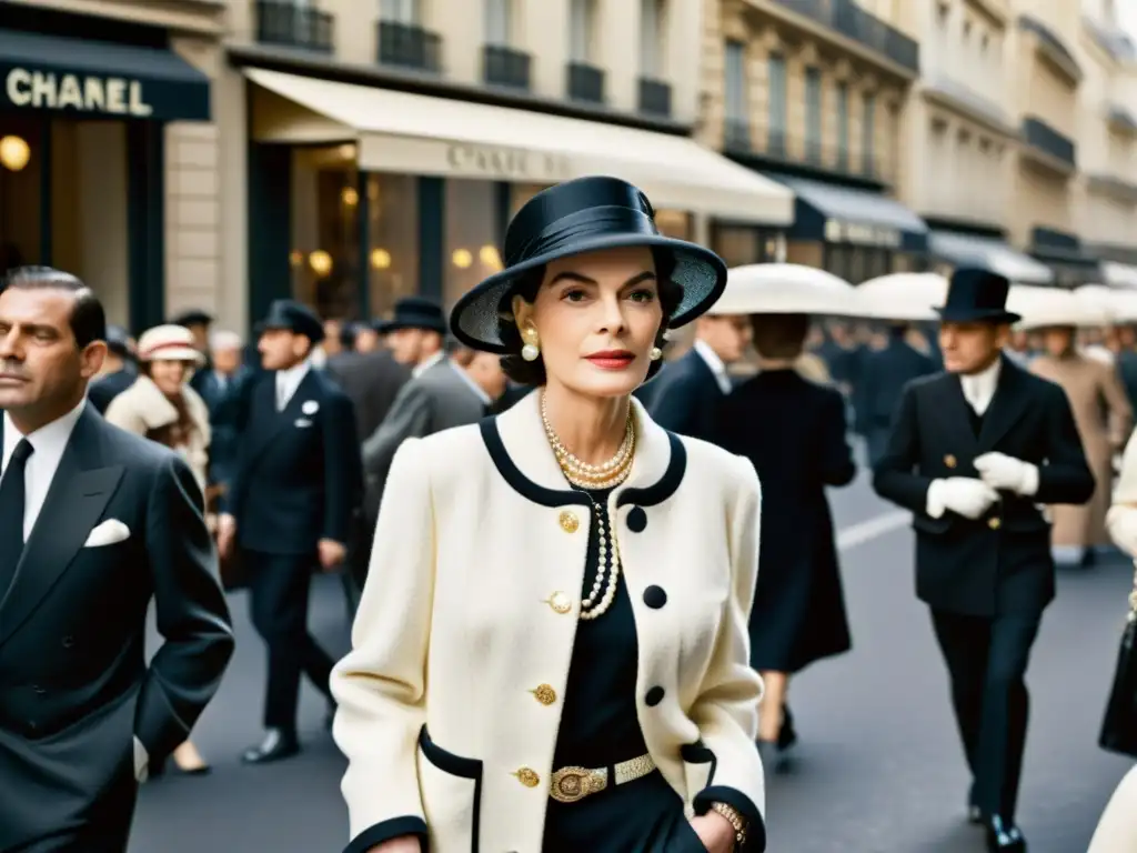 Coco Chanel camina con confianza por una calle parisina, rodeada de admiradores, capturando la esencia de su revolución en la moda del siglo XX