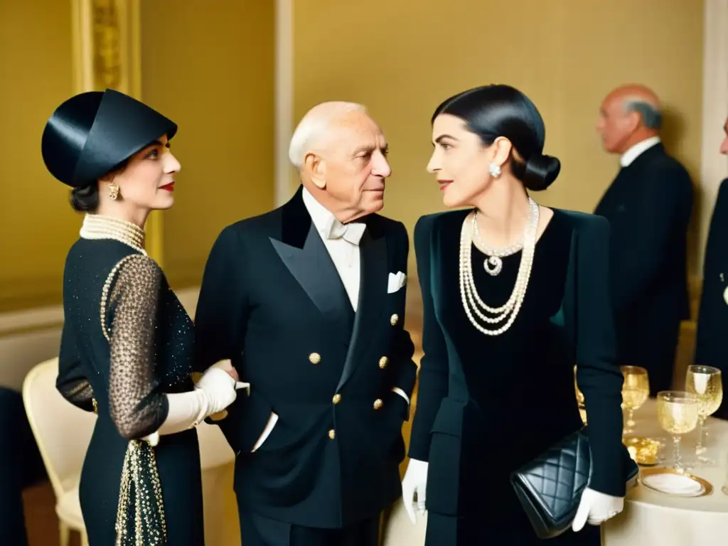 Conversación icónica: Coco Chanel y Pablo Picasso en los años 20 Coco Chanel y Pablo Picasso conversan en una fiesta parisina glamurosa de los años 20, reflejando la icónica colaboración moda-arte de la historia
