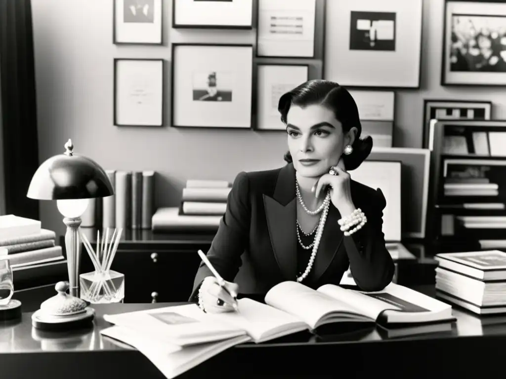 Coco Chanel, icono de la moda, preparando sus creaciones en un elegante y creativo ambiente, reflejando su impacto cultural en la industria