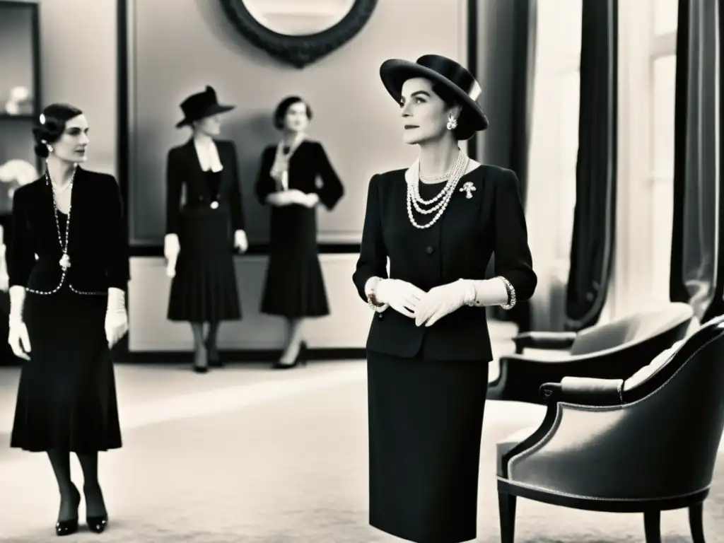 Coco Chanel en un lujoso salón parisino, rodeada de mujeres elegantes vistiendo sus icónicos 'Little Black Dresses'