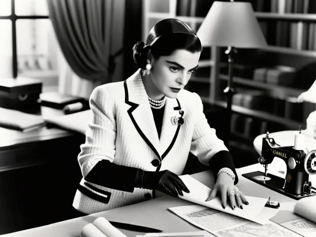 La pasión de Coco Chanel: creando haute couture Coco Chanel, musa de la moda alta costura, concentrada en su diseño rodeada de tela y bocetos en una atmósfera dramática en blanco y negro