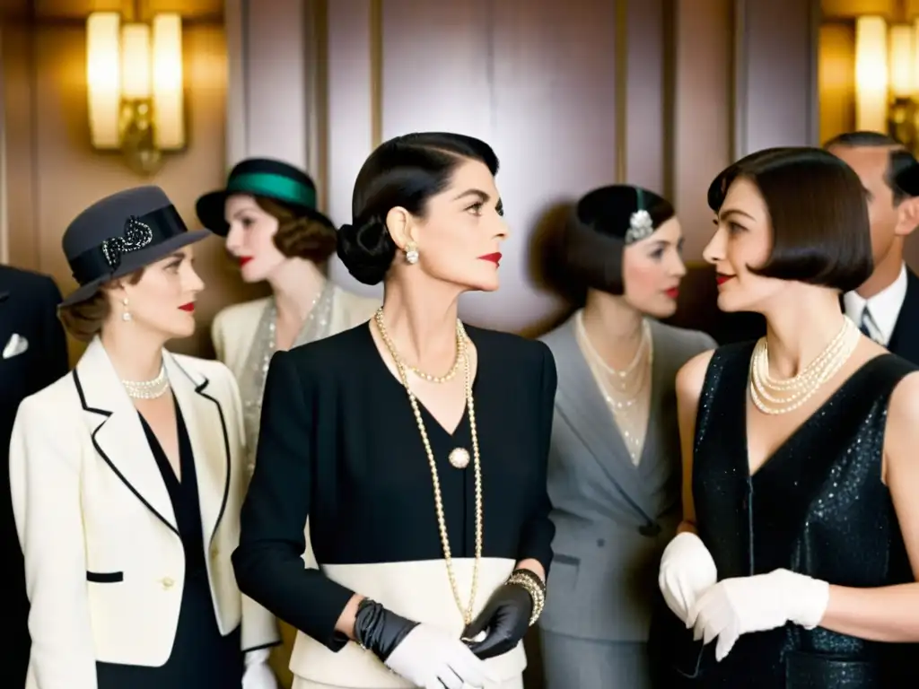 Coco Chanel rodeada de mujeres elegantes en un salón parisino de los años 20, reflejando el impacto cultural de la moda femenina