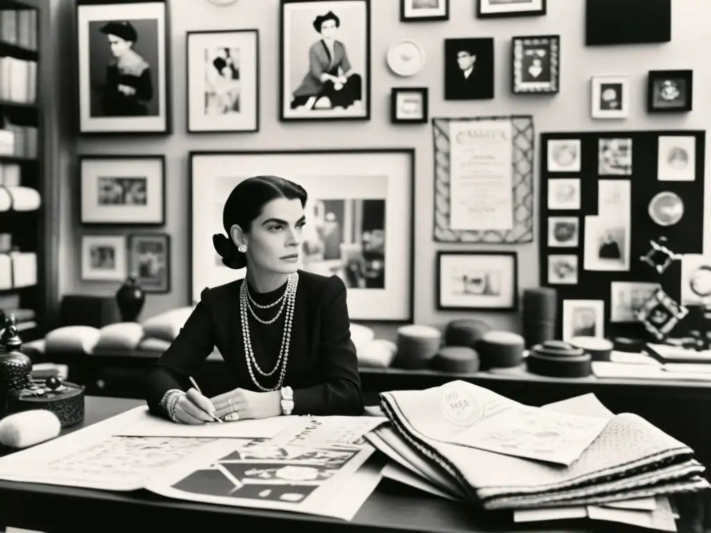 Coco Chanel, rodeada de telas y bocetos en su atelier, refleja su revolucionario impacto en la moda femenina