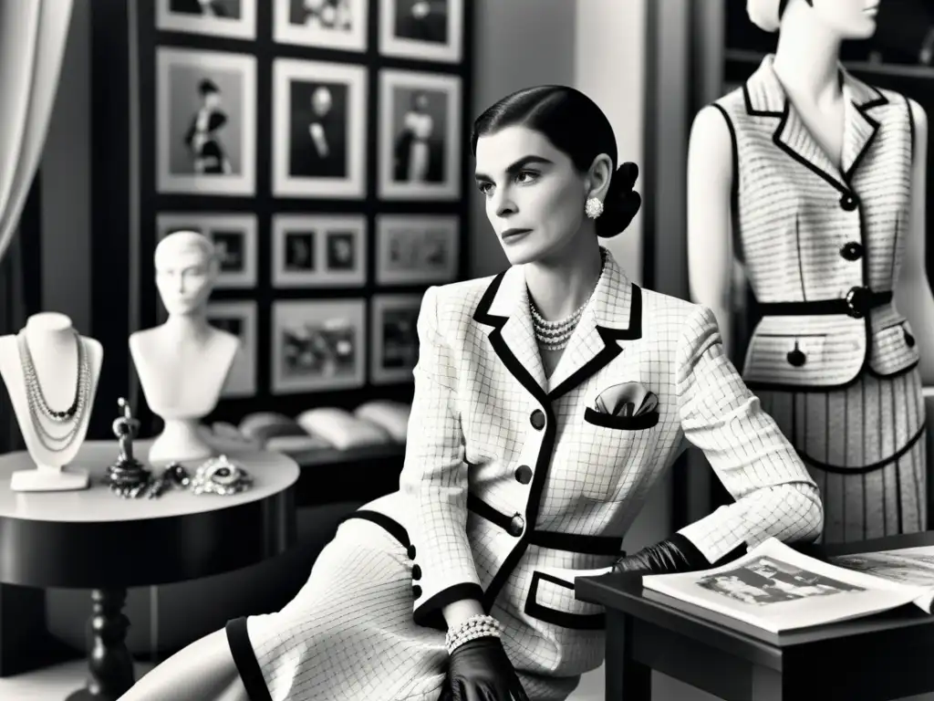 Coco Chanel revolución moda siglo XX: Fotografía en blanco y negro de Coco Chanel en su atelier, rodeada de telas y bocetos, su expresión enfocada transmite determinación y creatividad, destacando la elegancia atemporal e innovación que definieron su legado en la moda