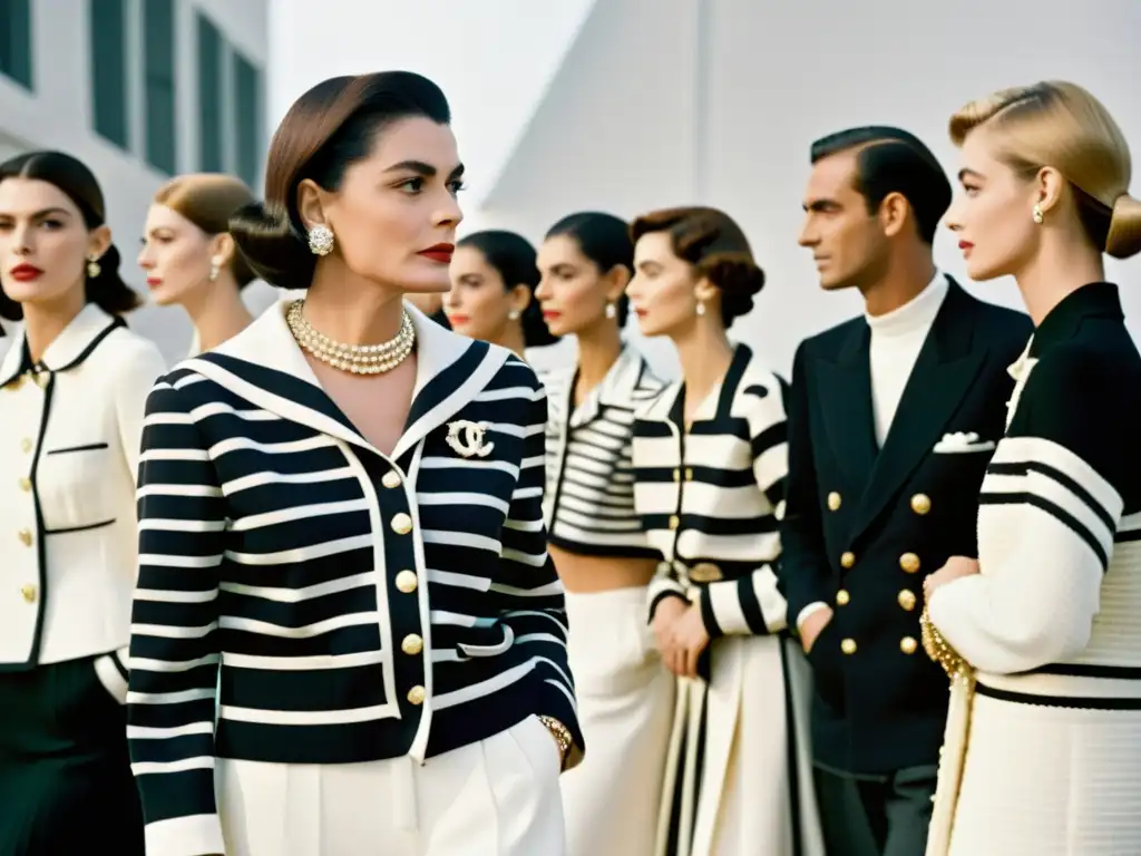 Coco Chanel revolución moda siglo XX: Fotografía en blanco y negro de Coco Chanel rodeada de modelos, proyectando poder y sofisticación