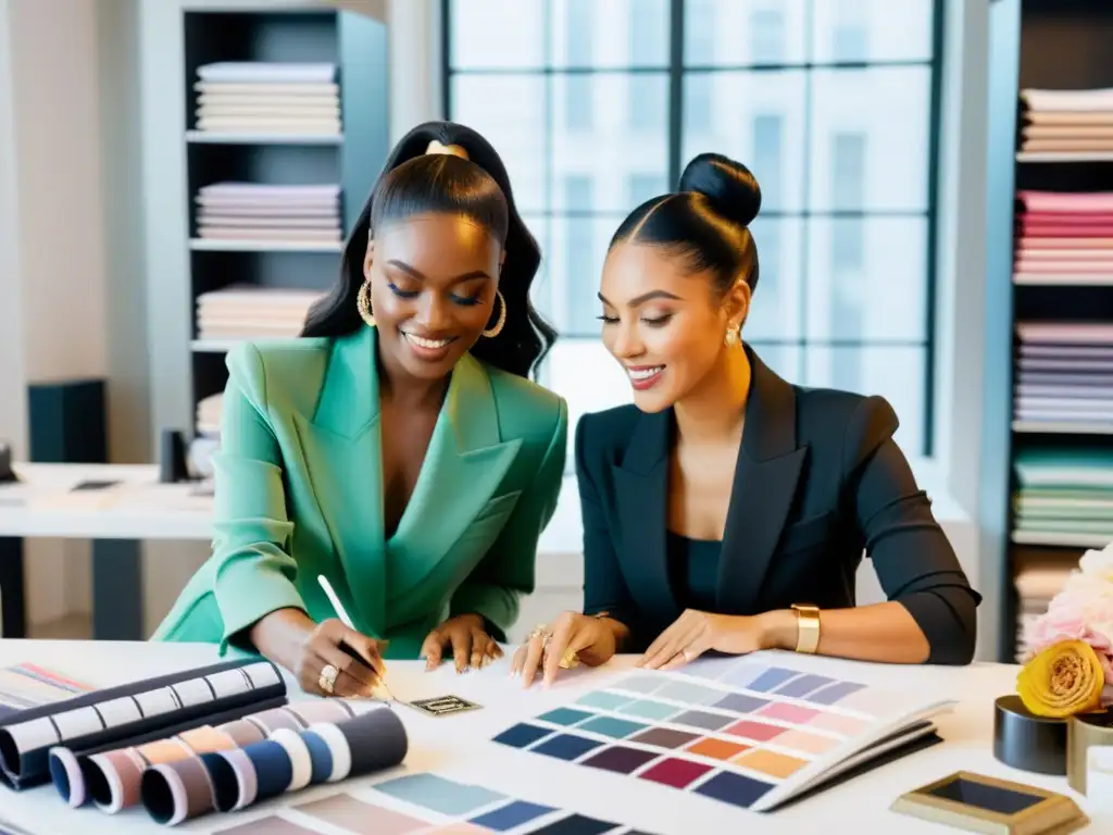 Colaboración creativa entre diseñador de moda y representante de marca de cosméticos en un estudio lleno de color y textura