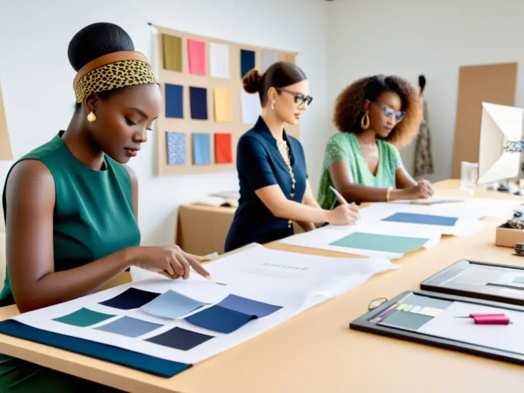 Colaboración de moda: diseñadores y artesanos trabajando juntos en un estudio creativo, con bocetos, telas y equipo de costura