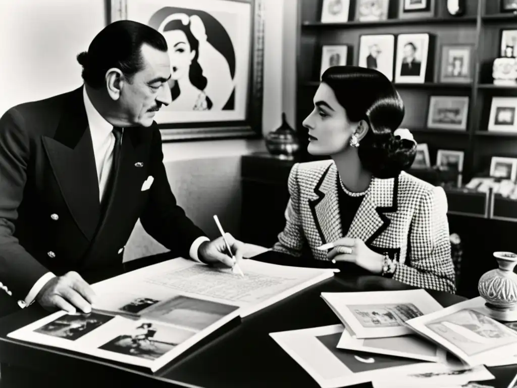 Coco Chanel y Salvador Dalí: Encuentro Creativo Colaboraciones icónicas en la moda: Coco Chanel y Salvador Dalí, inmersos en un café creativo, rodeados de bocetos y telas