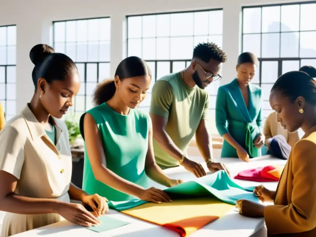 Colaboraciones de moda ética: Diseñadores y trabajadores confeccionando prendas con materiales sostenibles en un estudio luminoso y espacioso