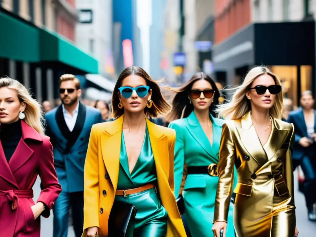 Colaboraciones de moda impacto tendencias consumo: Fotografía de una bulliciosa calle durante la Semana de la Moda, con influencers, diseñadores y trendsetters, rodeados de lujosas boutiques y tiendas de diseñador, exhibiendo las últimas tendencias de estilo callejero con colores llamativos, siluetas