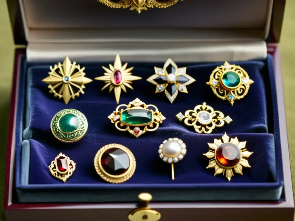 Una colección de broches y alfileres antiguos en un estuche de terciopelo, iluminados suavemente, evocando la historia de la joyería funcional
