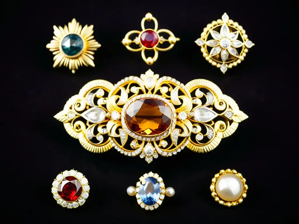 Una colección de broches y alfileres vintage en un fondo de terciopelo oscuro, resaltando detalles y la historia de la joyería funcional