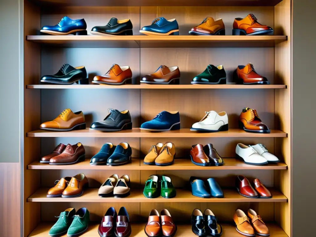 Exquisita colección de calzado masculino: tendencia y sofisticación Una colección de calzado masculino de tendencia en un elegante estante de madera