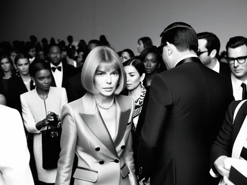 Anna Wintour evaluando una colección en un caótico desfile de moda