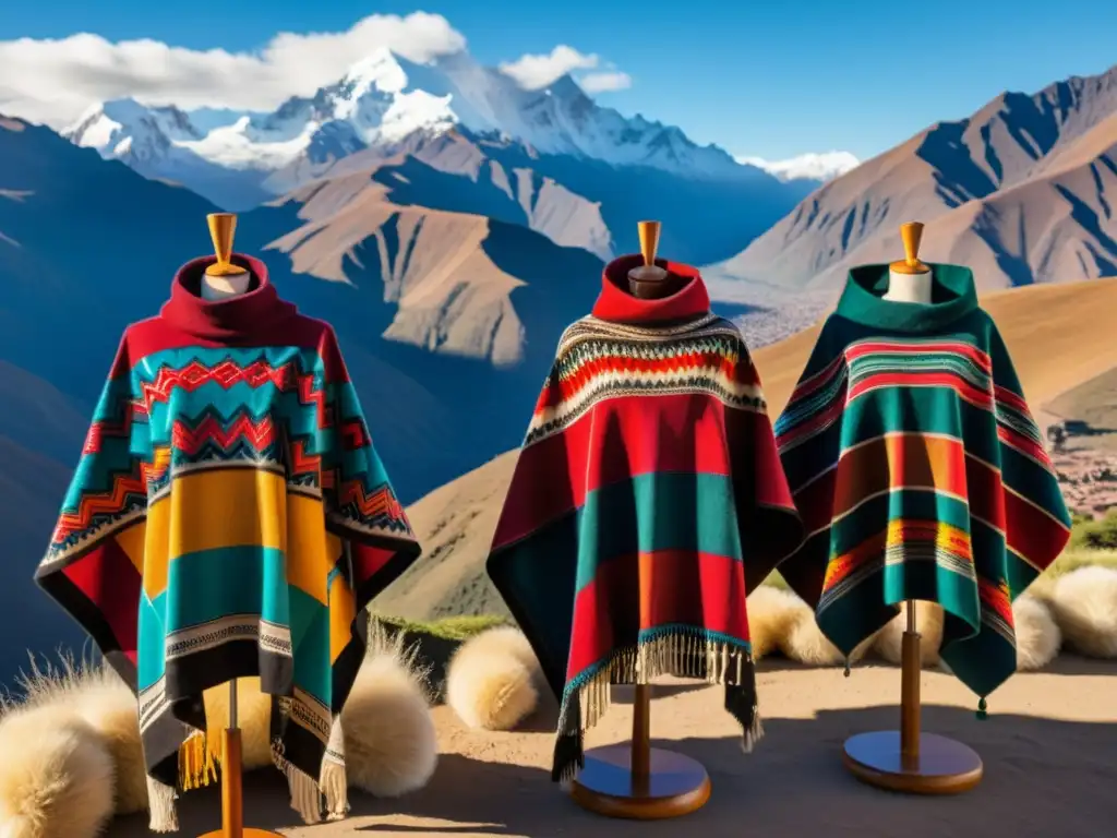 Una colección de ponchos andinos tradicionales exhibidos con los imponentes Andes de fondo, destacando la evolución del poncho en cultura andina