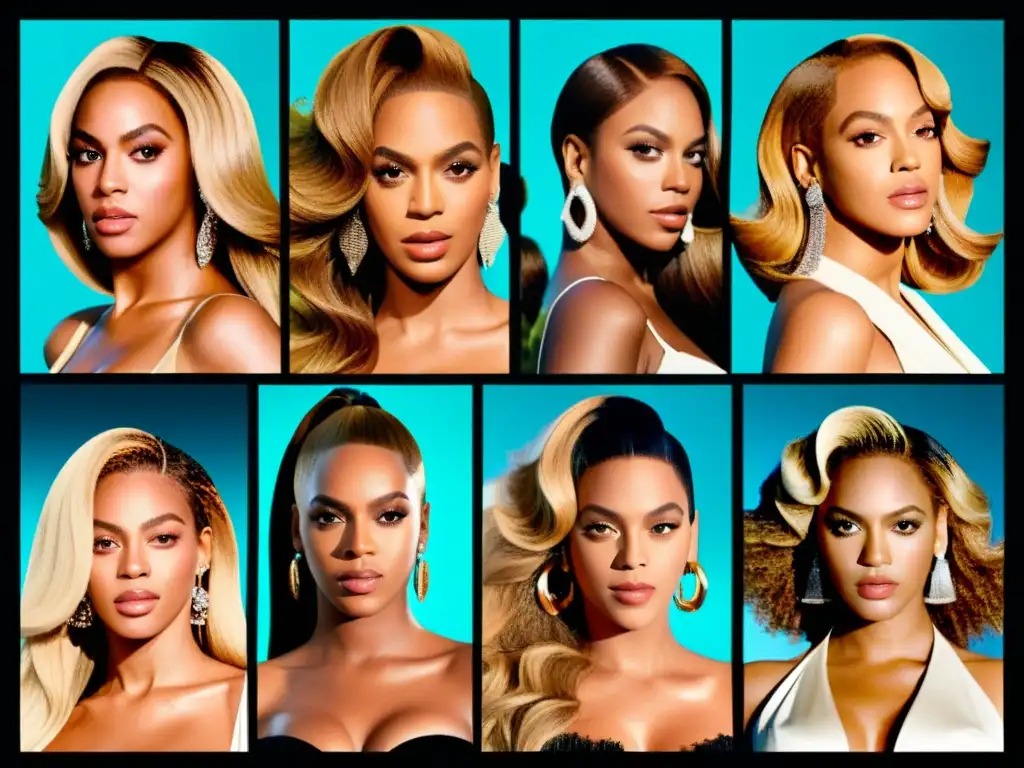 Collage detallado de la evolución del estilo de Beyoncé a lo largo de los años, desde Destiny's Child hasta sus looks actuales