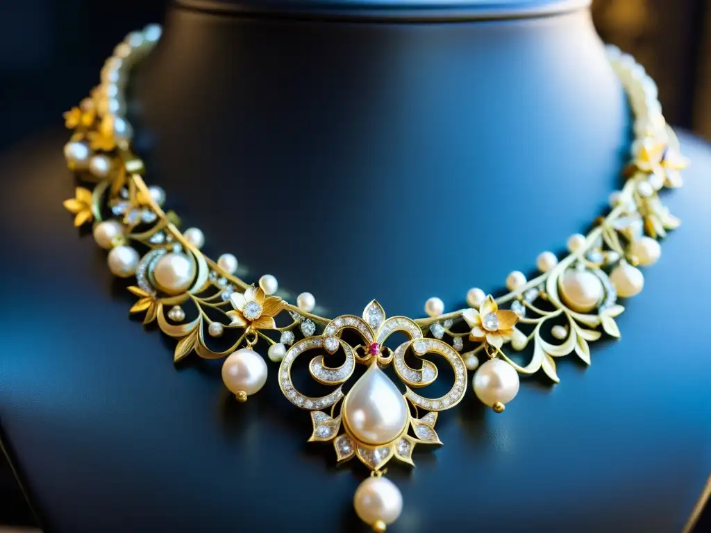 Un collar barroco de perlas y piedras preciosas con filigrana dorada y motivos florales