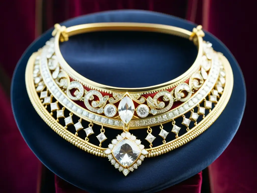 Un collar de diamantes deslumbrante, una joya de María Antonieta en una almohada de terciopelo, evocando historias fascinantes de joyas perdidas