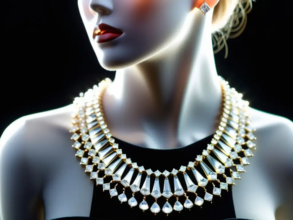 Un collar de diamantes deslumbrante sobre maniquí, impacto cultural evolución moda diamante