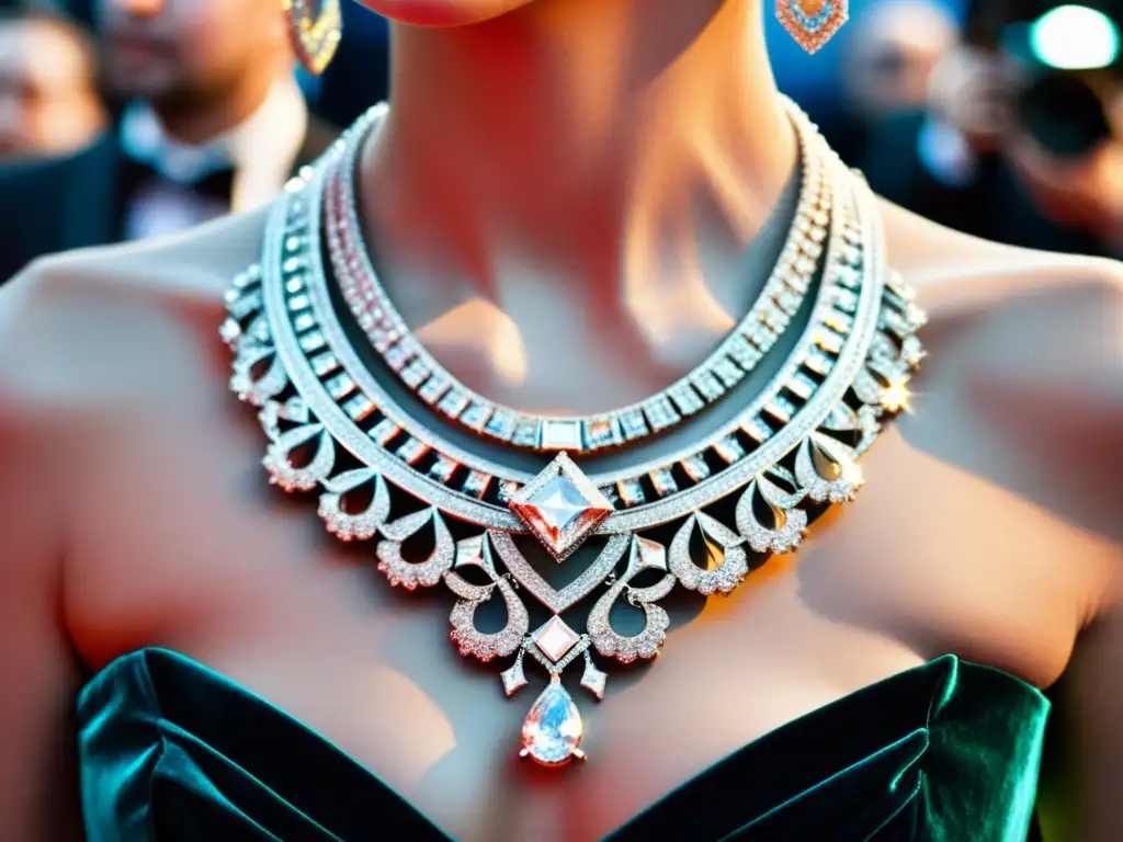 Collar de diamantes deslumbrante usado por actriz famosa en la alfombra roja, reflejando lujo y elegancia en la cultura de joyas en cine y música