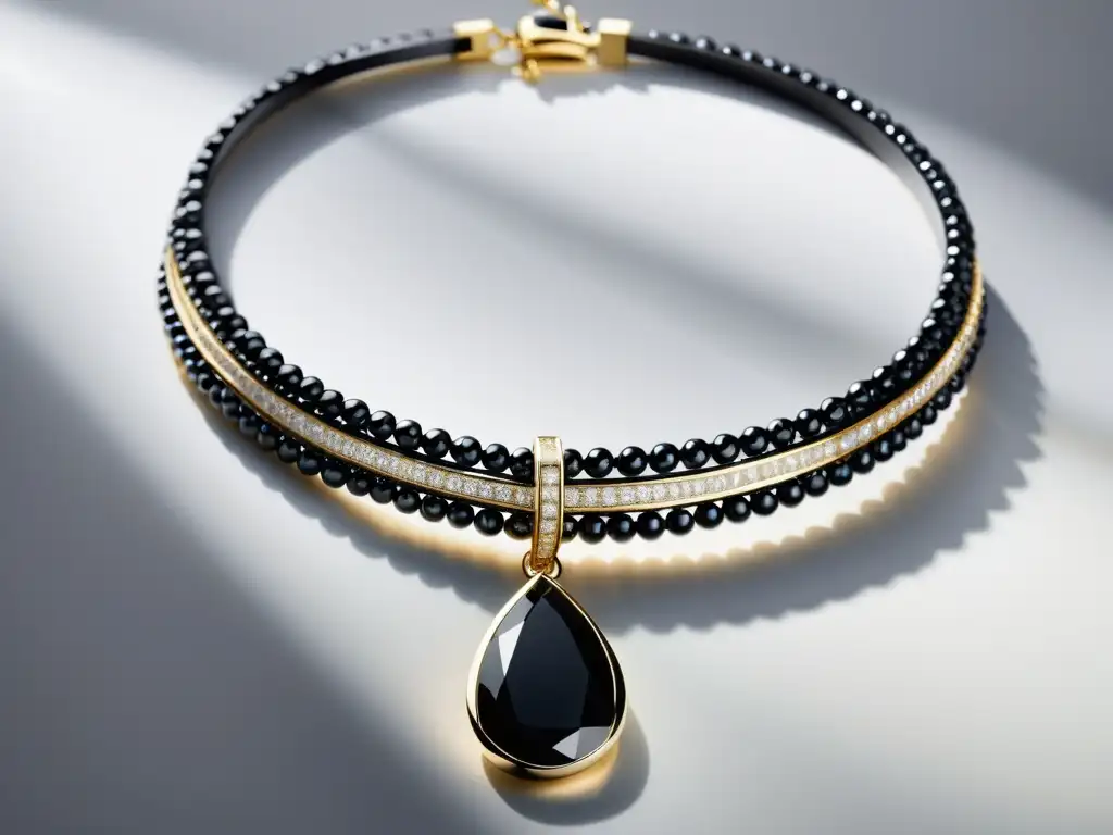 Un collar de ónice y diamantes, detallado y elegante, evoca la evolución de las joyas negras en la moda contemporánea