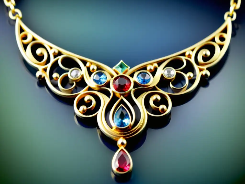 Collar Art Nouveau con gemas vibrantes y elegantes curvas, reflejando la revolución estética en la joyería del siglo XX